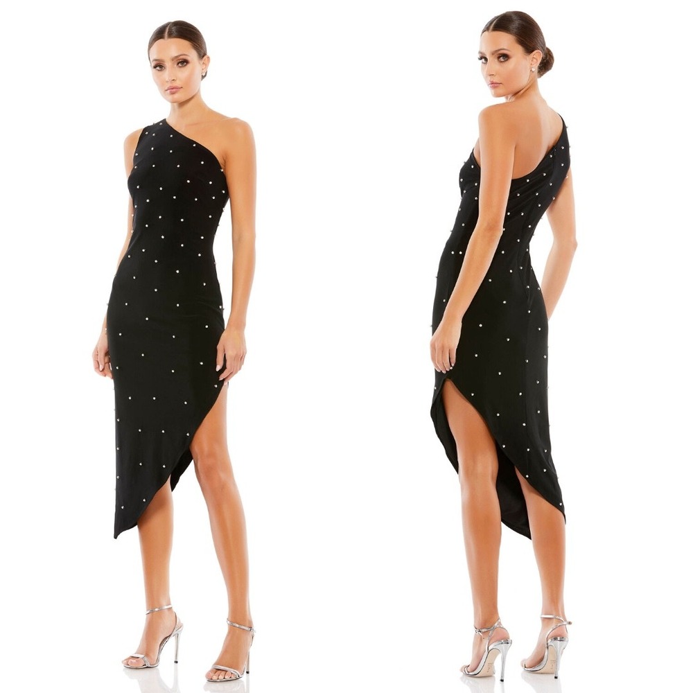 Mac Duggal Ieena Black Rhinestone One Shoulder Asymmetrical Midi Dress Size‎ 14